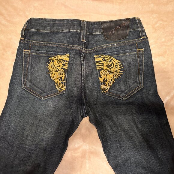 Ed Hardy Denim - Ed Hardy Low Rise 90s Y2K Tiger Jeans Flair / Boot Womens Sz 28 Vintage RARE USA